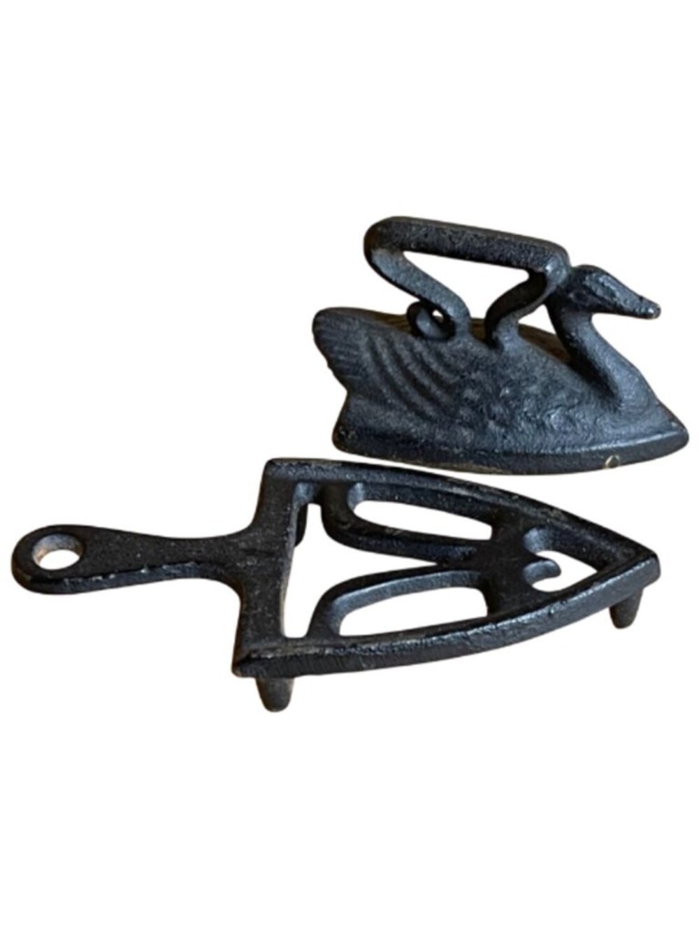 Vintage Miniature Black Cast Iron Sad Iron with Footed Trivet Stamped Iron Art